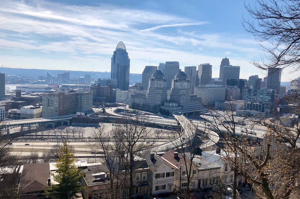 The Cincinnati, Ohio skyline seen from Mount Adams.