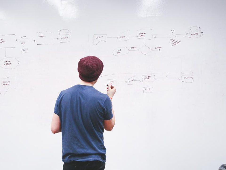 A person mapping a system flow across a whiteboard.